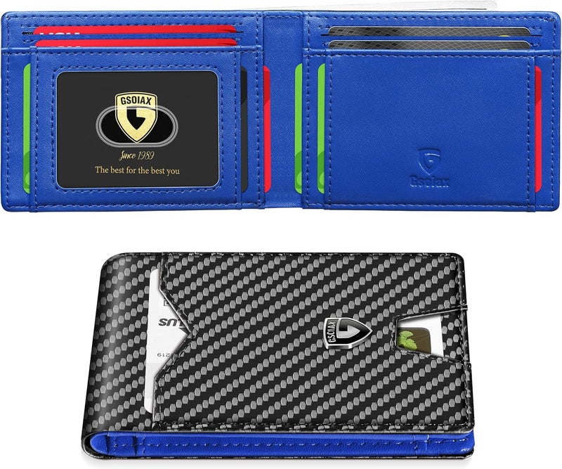 GSOIAX Mens Slim Wallet for Men Minimalist Genuine Leather Carbon Fiber Rfid Blocking Bifold Credit Card Holder With Gift Box (Blue and Carbon Black) - Image 1